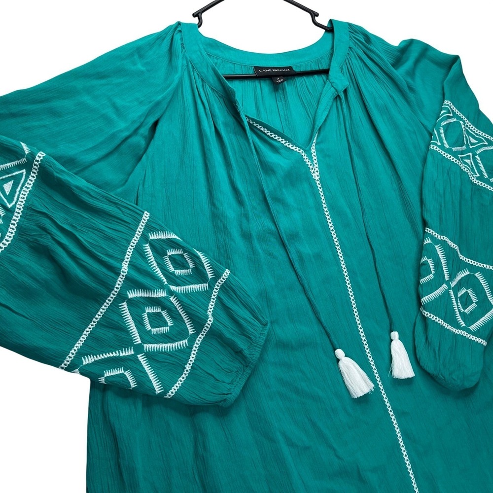 Lane Bryant Teal Embroidered Peasant Blouse Tassel Tie Top Size 18 Boho Rayon - Picture 13 of 13
